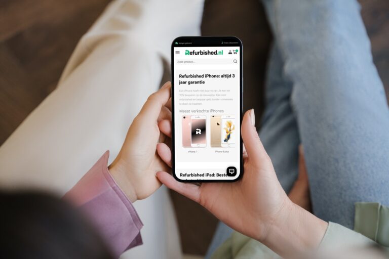 A smartphone with website refurbished.nl