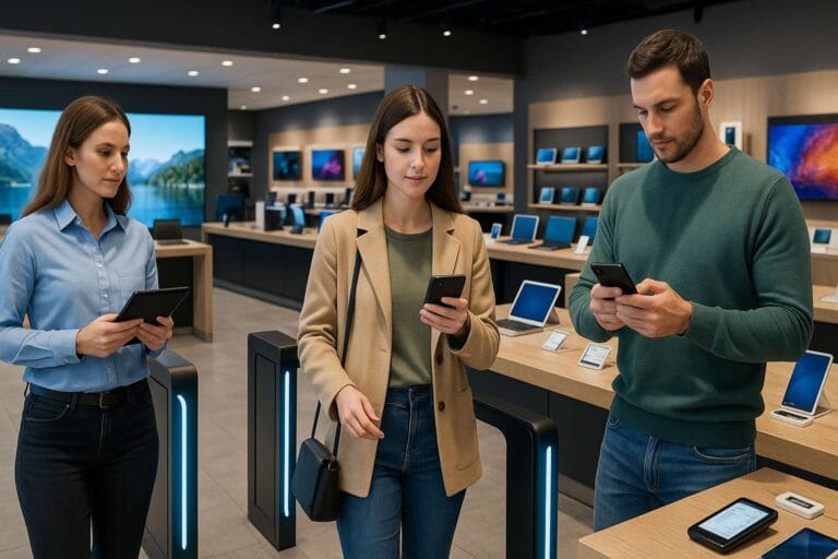 Hyperrealistische liggende foto van een futuristische consumentenelektronicawinkel: een klant loopt door kassaloze poortjes terwijl zij haar smartphone gebruikt, links staat een medewerker met tablet klaar voor ondersteuning en rechts test een andere klant een smartphone; rondom tonen elektronische schaplabels, laptops en grote schermen de high-tech winkelervaring zonder zichtbare teksten in beeld.