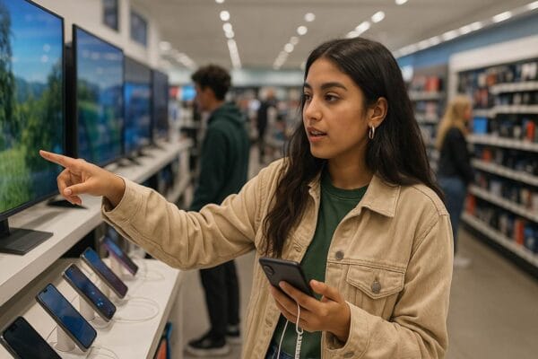 A woman in a tv shop