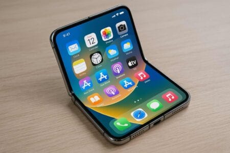 Een hyperrealistische opvouwbare iPhone, gedeeltelijk opengeklapt op een houten oppervlak, met het nieuwste iOS-scherm vol kleurrijke app-iconen en widgets.
