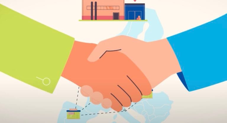 Een animatie van twee handen die geschud worden. Onderdeel van een animatie van Eurocommerce